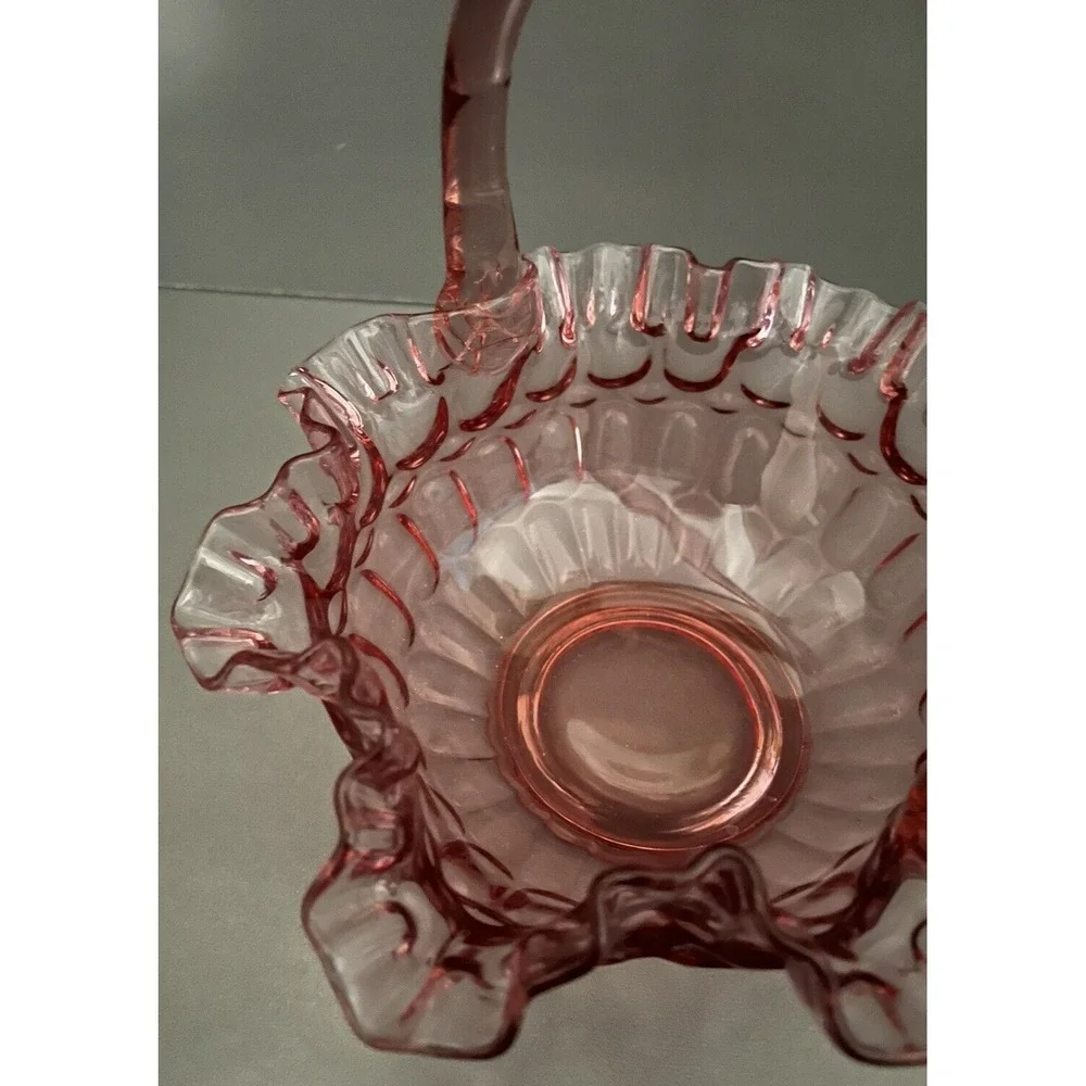 Fenton Cranberry Pink Basket Ruffled Edge Glass Applied Handle Thumbprint VTG